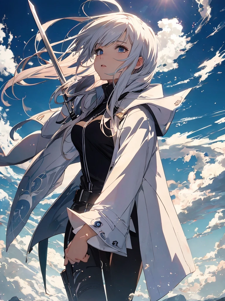 Background is white、One Woman, Amazing anime 8k,Pose looking up to the sky, Looking at the sky、male Anime characters, trigger anime art style,Japanese sword、 Best anime 4k konachan wallpaper, Nervous Teenage Assassin, Anime-style characters, Anime characters,