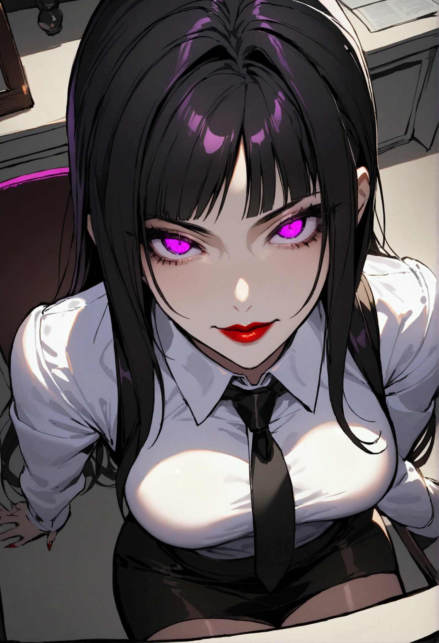 juri han, work of art, tight white secretary shirt with black tie, black high waist skirt, short skirt,stocking, black hair, black tightscary sun,office,bangs on the eyes,Lighting, hair with purple details,view from above,staring overhead,evil smile,sitting,cross legs,glowing purple eyes,red lips,The eyes
