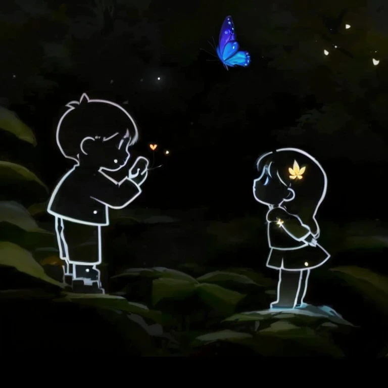 someone is looking at a butterfly that is flying in the sky, boy and girl, emotional picture, cute artwork, cute cartoon, me and you, true love, in love, profile pic, profile picture, high quality fanart, ❤🔥🍄🌪, cute art style, aww, accurate depiction, it is glowing, fireflies!!, couple