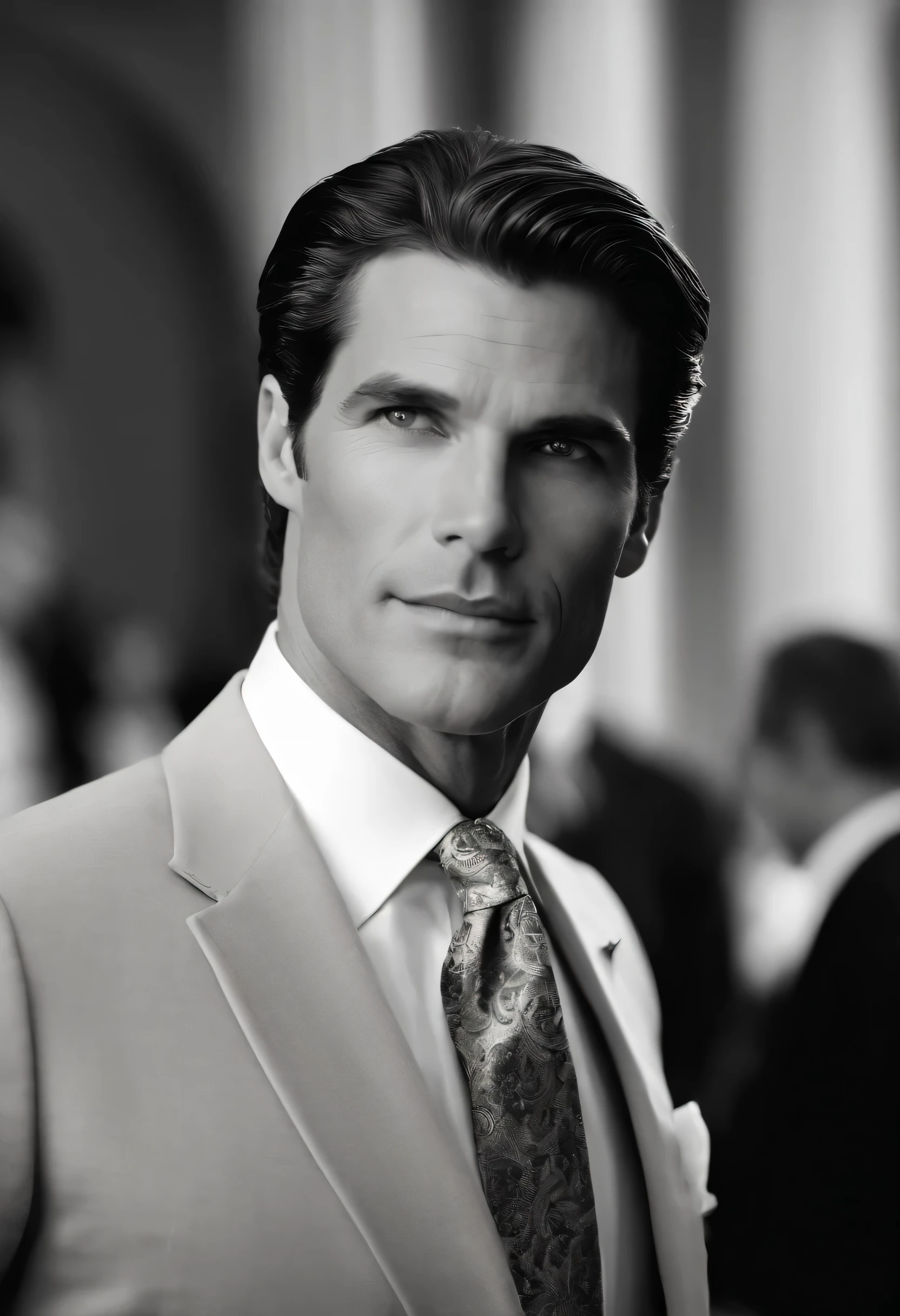 Une photo de Bruce Wayne assistant à un déjeuner de charité chic, se mêler aux élites de la haute société.,Homme chauve-souris,Bruce Wayne, the man behind the Homme chauve-souris persona, est une silhouette frappante avec une grande, carrure athlétique et pointue, beaux traits, souvent vêtu des plus beaux costumes, ce qui sied à son statut de playboy milliardaire. Ses cheveux noirs et son regard perçant lui confèrent une présence imposante, pourtant, il y a toujours une pointe d'énigmatique dans son attitude.