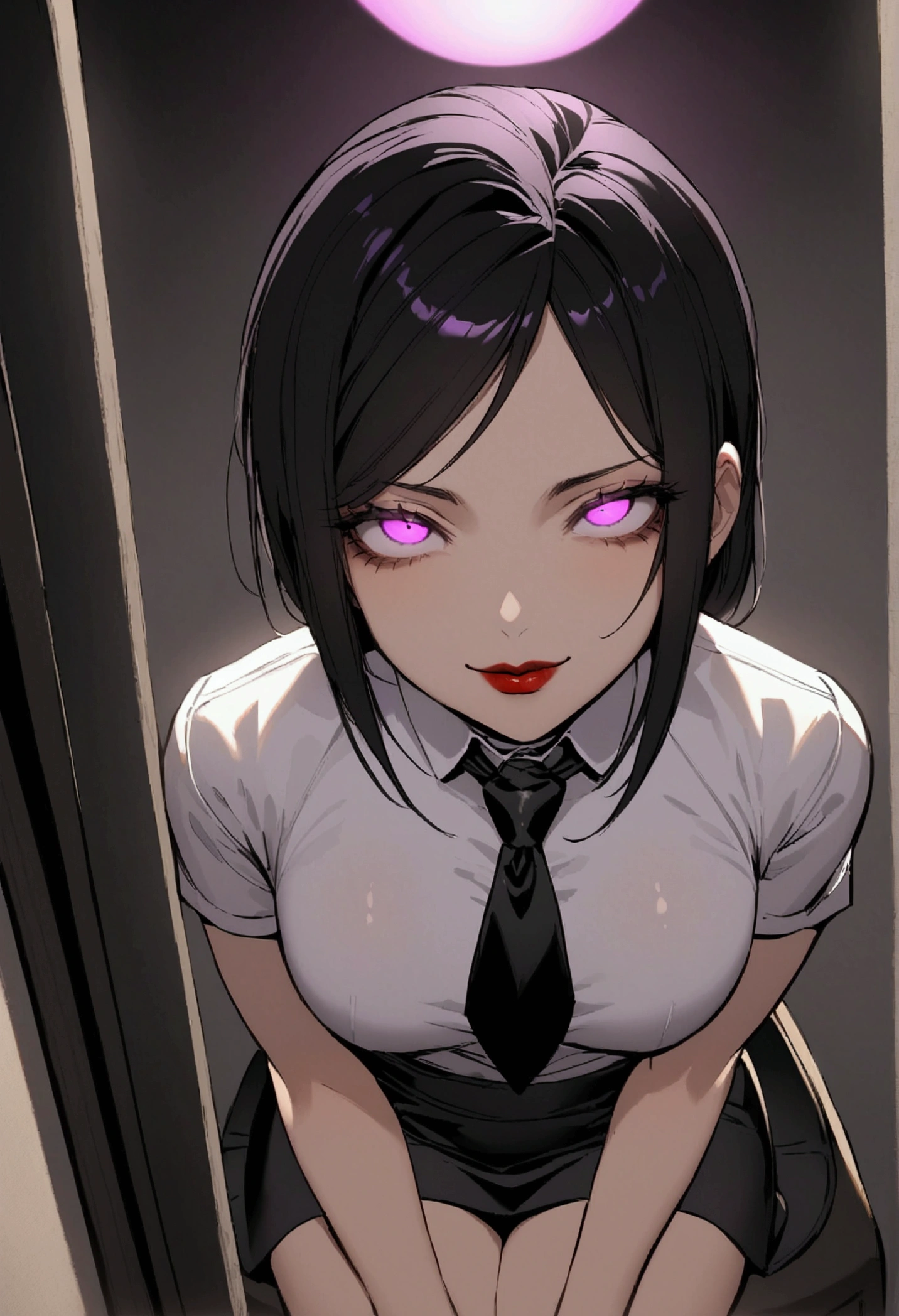 juri han, work of art, tight white secretary shirt with black tie, black high waist skirt, short skirt,stocking, black hair, black tightscary sun,office,bangs on the eyes,Lighting, hair with purple details,view from above,staring overhead,evil smile,sitting,cross legs,glowing purple eyes,red lips,The eyes
