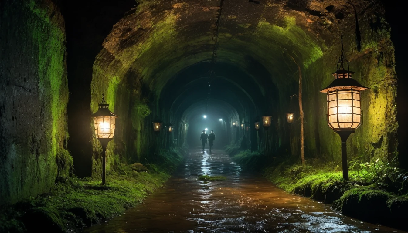 Scary horror image of a rainy night, of an ancient underground fortress, located in a remote region of the interior of Brazil. With soldiers in a long, dark corridor, lit only by our lanterns. The walls were cold and damp, covered in moss and fungi, rain image. PICTURE REALISTIC, high resolution, 8k