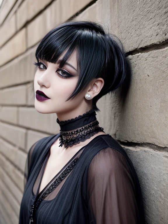 One girl, Goth Punk Haircut, In-person audience, Flat bangs, Outdoor, Leaning against a wall, Black Lipstick, Black Lips, Goth Makeup, Smokey Eye, eye shadow, eyeliner, Medium chest, Earrings, Long sleeve
