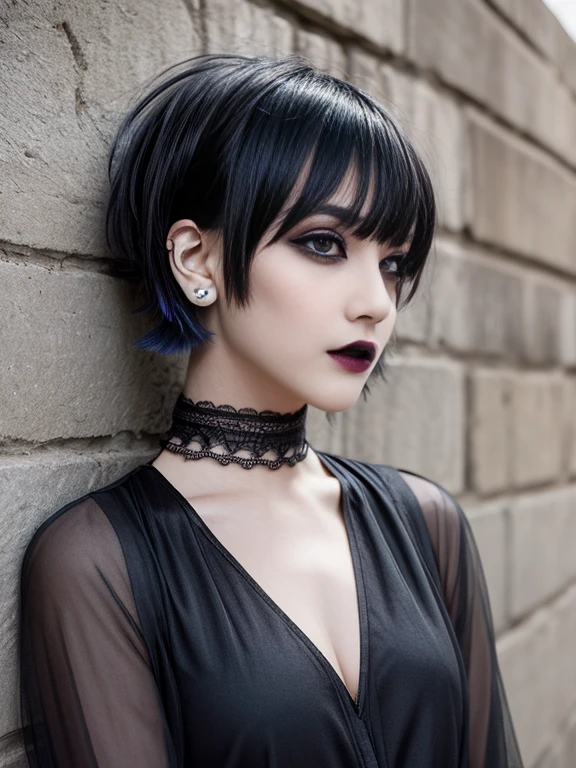 One girl, Goth Punk Haircut, In-person audience, Flat bangs, Outdoor, Leaning against a wall, Black Lipstick, Black Lips, Goth Makeup, Smokey Eye, eye shadow, eyeliner, Medium chest, Earrings, Long sleeve