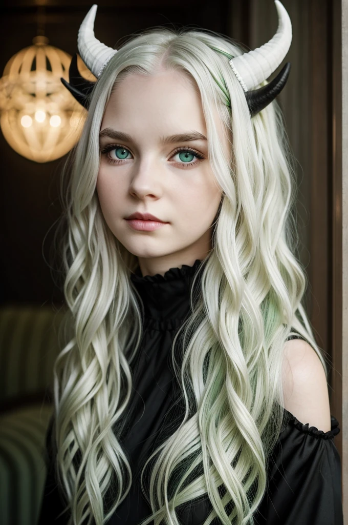Girl, wavy white hair, dull green eyes pale skin, horns on the head black color Black dress, stare