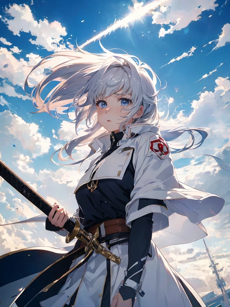 Background is white、One Woman, Amazing anime 8k,Pose looking up to the sky, I lift my head and look at the sky、male Anime characters, trigger anime art style,Japanese sword、 Best anime 4k konachan wallpaper, Nervous age Assassin, Anime-style characters, Anime characters,