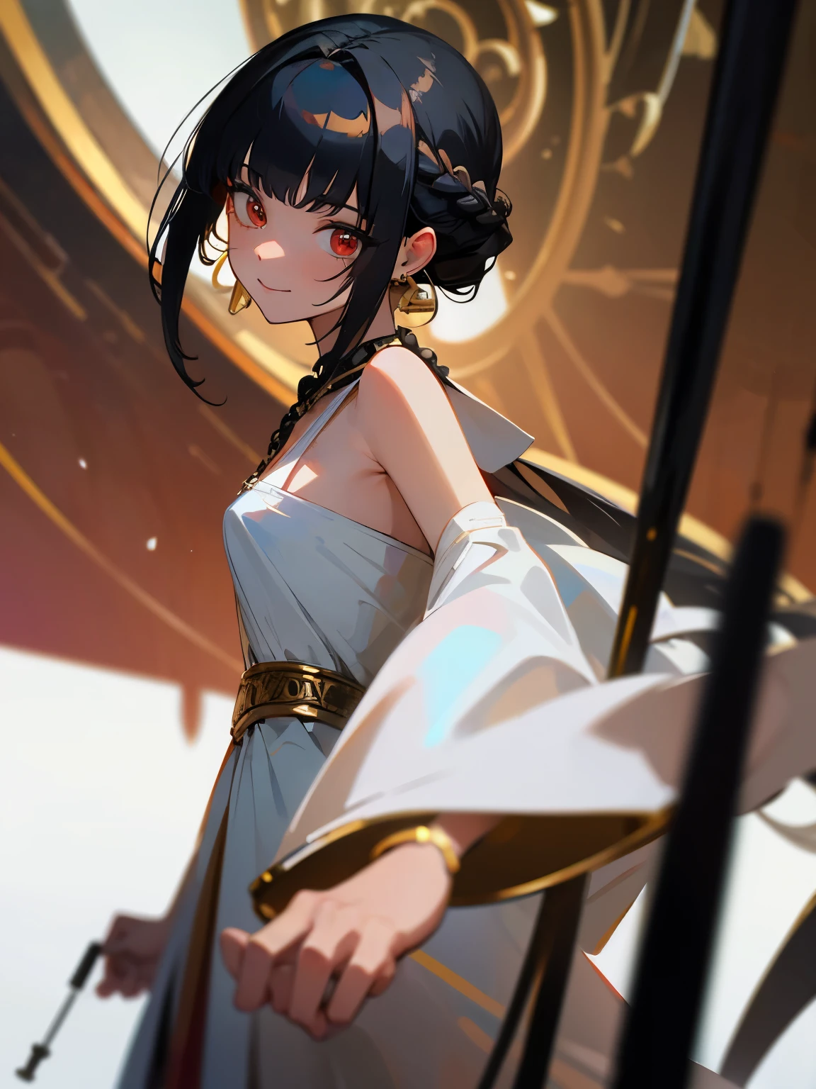 (masterpiece, best quality, absurdres, very detailed eyes), 1girl, solo, solofocus, black hair, long hair, red eyes, bangs, closeup, ager, cyberpunk, 20 year old, 1girl, white dress, ball room, gilded wall, painting, chandelier, earrings, pierced ears, hooped earrings, royal dress, hands behind back, smile, braided hair