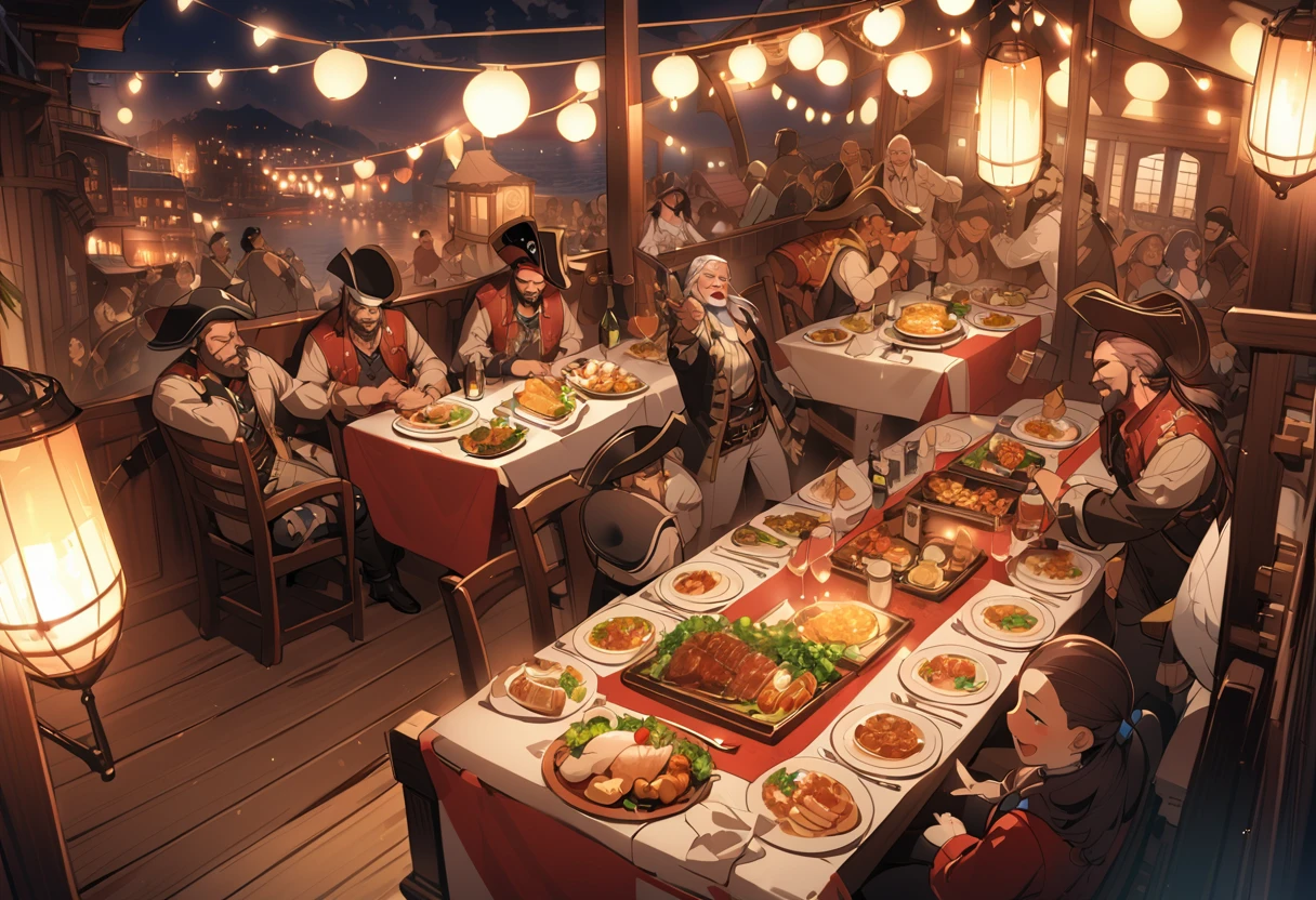 Wide Shot,The best move,Highest quality,(masterpiece:1.1576),(Ultra-detailed 8K art:1.05),(crew member,pirate,Dark Skin,middle aged,bar:1.25),night, lanthanum, Above the sea with a blue sky,male, public, (On deck,pirate船),Vibrant, fun,Laughter,Smile Break Western,(banquet,crowd,Port town:1.25),Ships, crew, Dirty clothes, Tattoo, Old Wounds,beard,Drunk, Wine Bottle,Front open shirt, blush,boots,Rolling Wine Bottles, Messy,Long trousers,(Multiple chickens),maleのダンス, maleがお酒を飲む，The music band livens up the event

