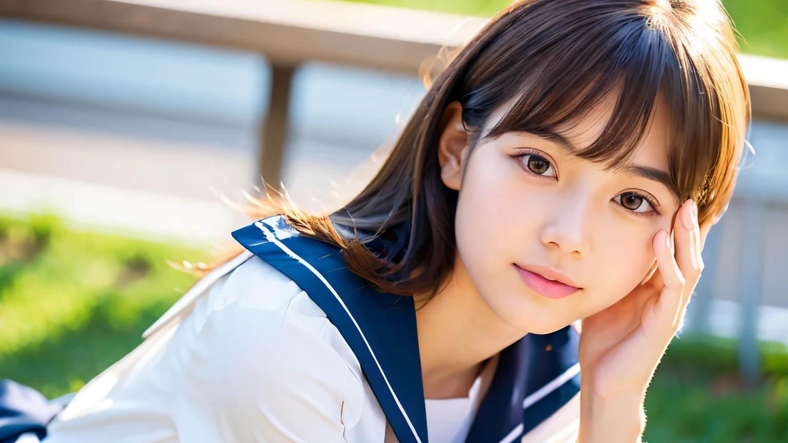 (school uniform, Sailor suit), In the classroom, Asian high school girl wearing a white summer blouse,(Detailed skin:1.2),(Glowing Skin:1.1),Highest quality, masterpiece, Ultra-high resolution,(Realistic:1.4), RAW Photos,(Soft Saturation:1.3),(Fair skin:1.2), One Japanese idol,Thin lips, Brown eyes, (View your viewers), 18-year-old, Detailed face, Perfect female body, Medium Hair,Hair swaying softly in the wind, Asymmetrical bangs, Light brown hair, 非常にDetailed face,