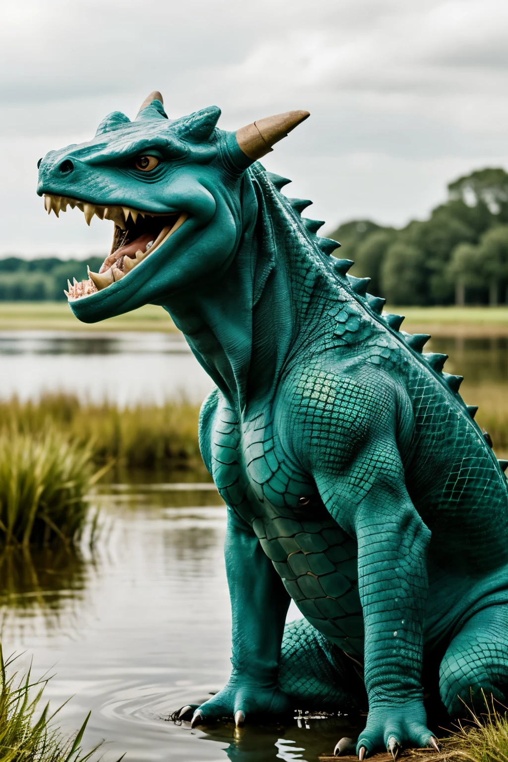 pokemon, feraligatr, scalie male anthro, reptile boy, portrait, tranquil, solo, scales, (best quality), (marshland pond background:1.2), day, detailed, looking at viewer, sharp teeth, partially submerged, muscles, claws, side, closed mouth, smile,