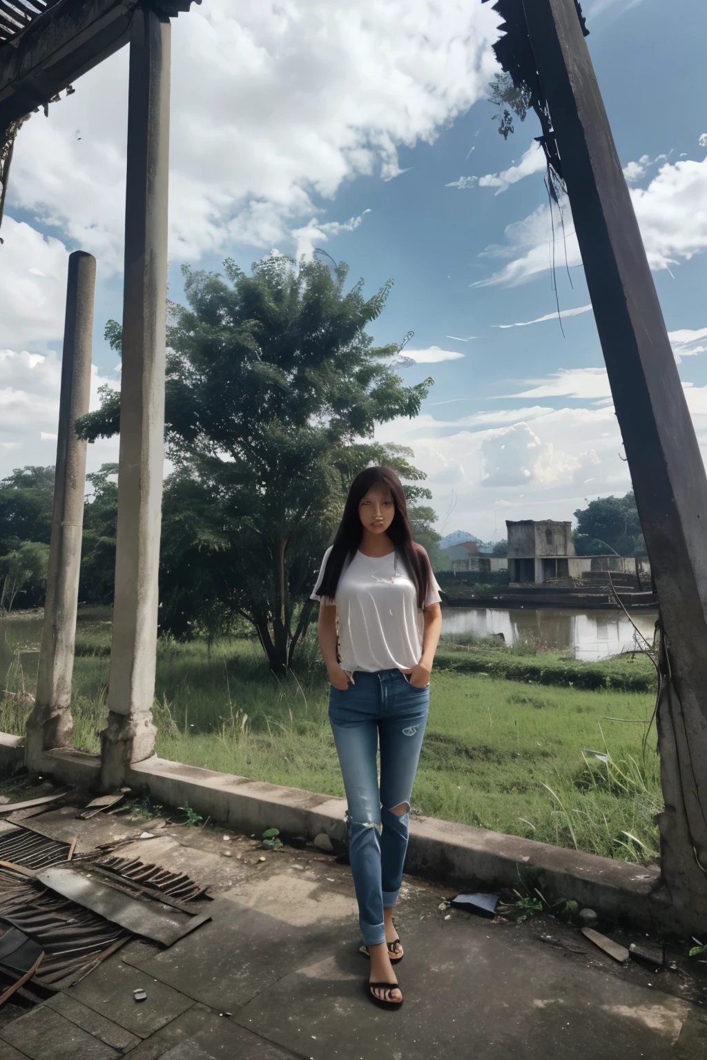 Thai Woman, look at viewer, long hair, shirt, jeans, cloud, day, sky,outdoors, post-apocalypse, ruins, scenery, tree, water,