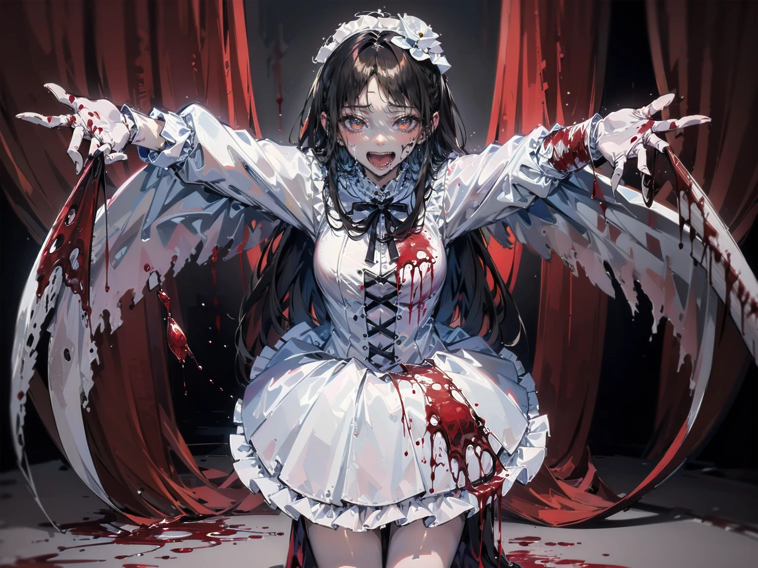 (Highest quality,4K,High resolution,masterpiece:1.2),Very detailed,Realistic:1.37,Spooky altar background,Dark fantasy,Red color scheme,Ominous atmosphere,Eye-catching,Storytelling,anatomy,Anime Style,Concept Art,beautiful細部までこだわった顔と (((Red eyes ))),A terrifying ritual ,Satanic Ritual,Premature death,inappropriate behavior,クレイジーなsmile,Scythe Face,Girl Monster, beautiful, Delicate facial features, Sharp Eye, Sharp Fangs, pale skin, Thick chain, Dark Background, Cinema Lighting, Dramatic Shadows, Gothic style, Gloomy atmosphere, Dark fantasy, One Girl, , Please open your mouth wide, Open your mouth and baring your teeth,Sharp teeth like a beast, Wide lips, very wide mouth, Vermilion cheeks, ,(Blood splatter:1.4),Scary smile, smile,Fallen angel design, Twisted smile、Bloody、bleeding from the head,,,,,、Blood splatter、,(Blood splatter:1.4),Crossbones, skull,Horror Style, ((Fantasy Fallen Angel Costume)), ((Flowing black hair)), ,(Blood splatter:1.4),Female curves, Sexy flat stomach, Perfect hands, Perfect anime face, ((White ta Dress)), Are standing, ((邪悪なsmile)), ,(Blood splatter:1.4), Steam circulates, Moonlight Illumination, night lighting, disaster々new devil horns,,(Blood splatter:1.6),アニメFallen angel design, Twisted smile、Bloody、bleeding from the head,,,,,、Blood splatter、,(Blood splatter:1.4),Crossbones, skull,Gothic architecture、Western architecture、Fantasy World、,Victorian cities, Skeleton Gas Light,Absurd, High resolution、 ((Tabletop)), ((Highest quality)), (Very detailedな), ((Very detailed)), (beautiful), ((pretty girl)), (NFSW:1.8), alone,(10 y)、(world&#39;The most terrifying and creepy demon girl:1.5)beautiful face、Whole Body Ezbian、pale, Beautiful Skin、beautiful黒の髪、Smiling Kindly、Dark building ruins、(snow white&#39;Frill dress:1.3)、(The dark ruins are stained with blood:1.3)、Low angle full body shot、(少女は血の海の中にAre standing:1.5)、(The ground is full of blood:1.3)、(The girl lost a lot of blood...:1.3)、)、(クレイジーなsmile:1.6)、Spirits、(Blood dripping from the mouth:1.3)