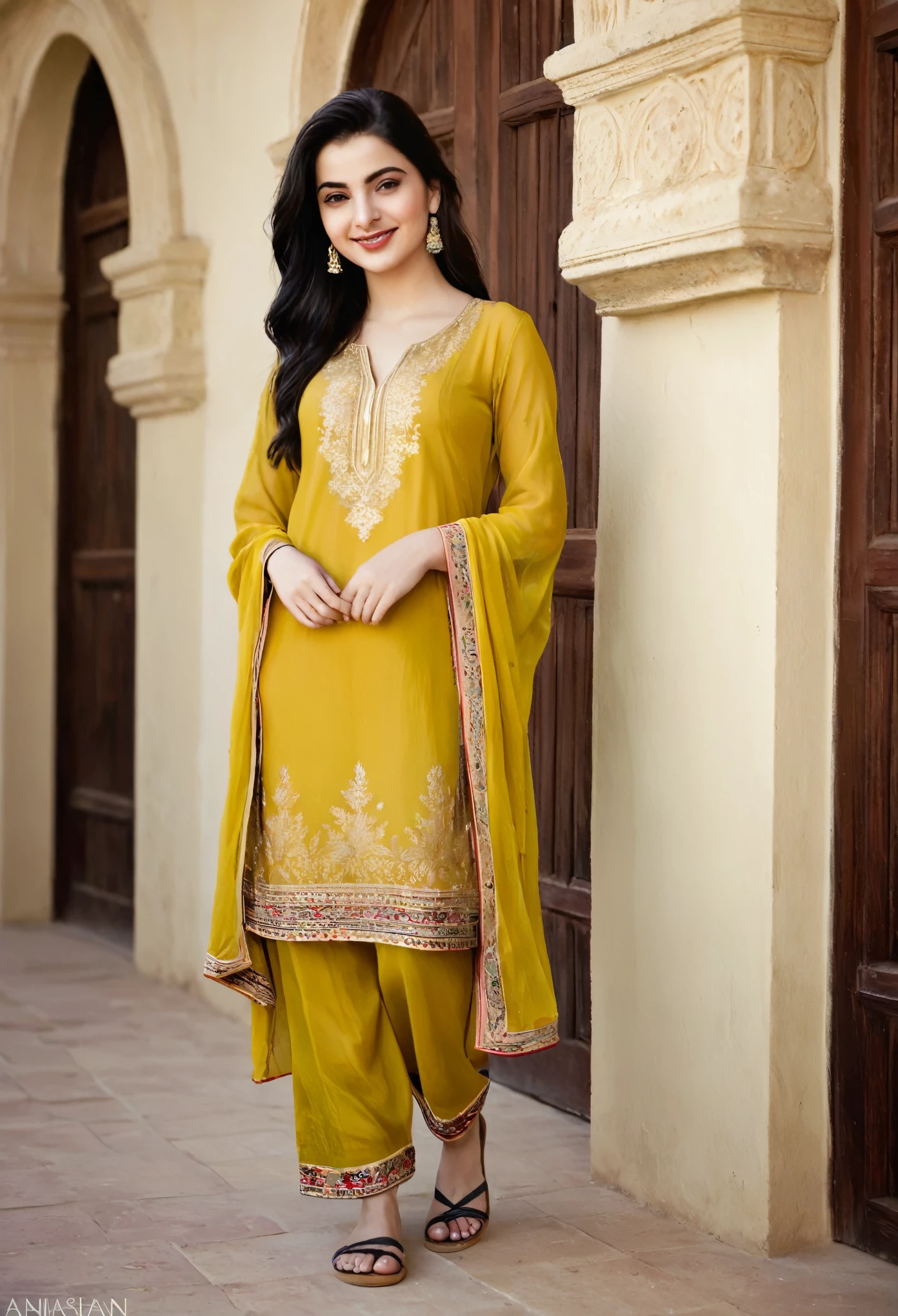 Create an ultrarealistic, full-body, head-to-toe photorealistic image of a smart, 20-year-old girl, including her hands and feet. She has a captivating Caucasian face with deep light brown eyes, black hair with lighter shades, and full lips curved into a mysterious smile.
She is wearing a traditional Pakistani shalwar kameez with beautiful embroidery, a matching dupatta, and modest sandals. Her posture is confident and relaxed, with her gaze focused to the right, avoiding direct eye contact with the camera. This image highlights her full figure and graceful presence, blending modern charm with cultural elegance.