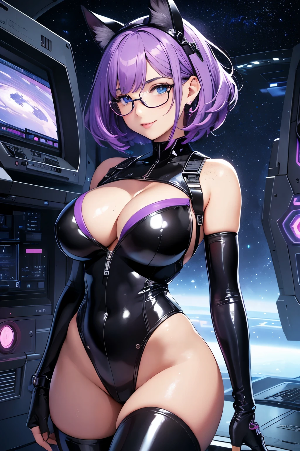 Beautiful young ager, 1girl, purple hair, blue eyes, extremely short hair, freckles on face, framed eyeglasses, heart shaped choker, happy, smiling, blushing, thick lips, full lips, huge breasts, extreme cleavage, deep cleavage, very thin body, tight latex bodysuit, advanced technology bodysuit, cybernetic cat ears, high heels, cleavage, perfect anatomy, high tech space station background, detailed background, ultra-detailed, 4k, 8k, best quality, masterpiece