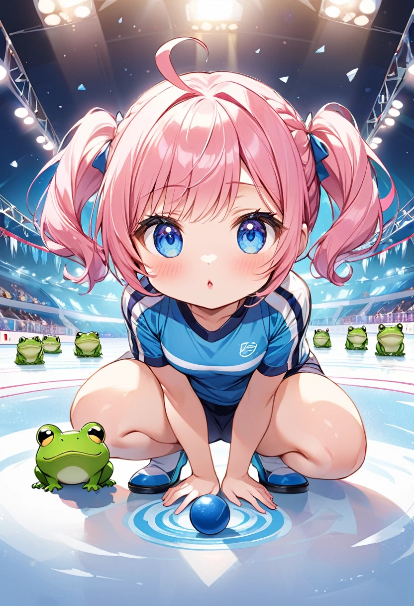 Highest quality、High resolution、Detailed Background、Beautiful face in every detail、Anatomically correct、Detailed facial expressions、fine grain、((full body, from below, front shot)), break ((One Girl:1.2)、(Chibi Girl:1.2))、Cute hair color、Big beautiful blue eyes、Fuller lips、Pink Lips、Braided twin tails、Ahoge、(Curling player)、(Junior High School Gym Clothes、sports boots)、(I'm in a lot of trouble、A blank look)、break (Curling lanes:1.2、Kneel on the rink:1.2、Place your hands in front of your knees:1.2、Big frog in hand:1.2)、((Curling match))、(The background is an ice rink、audience、Curling Stone)