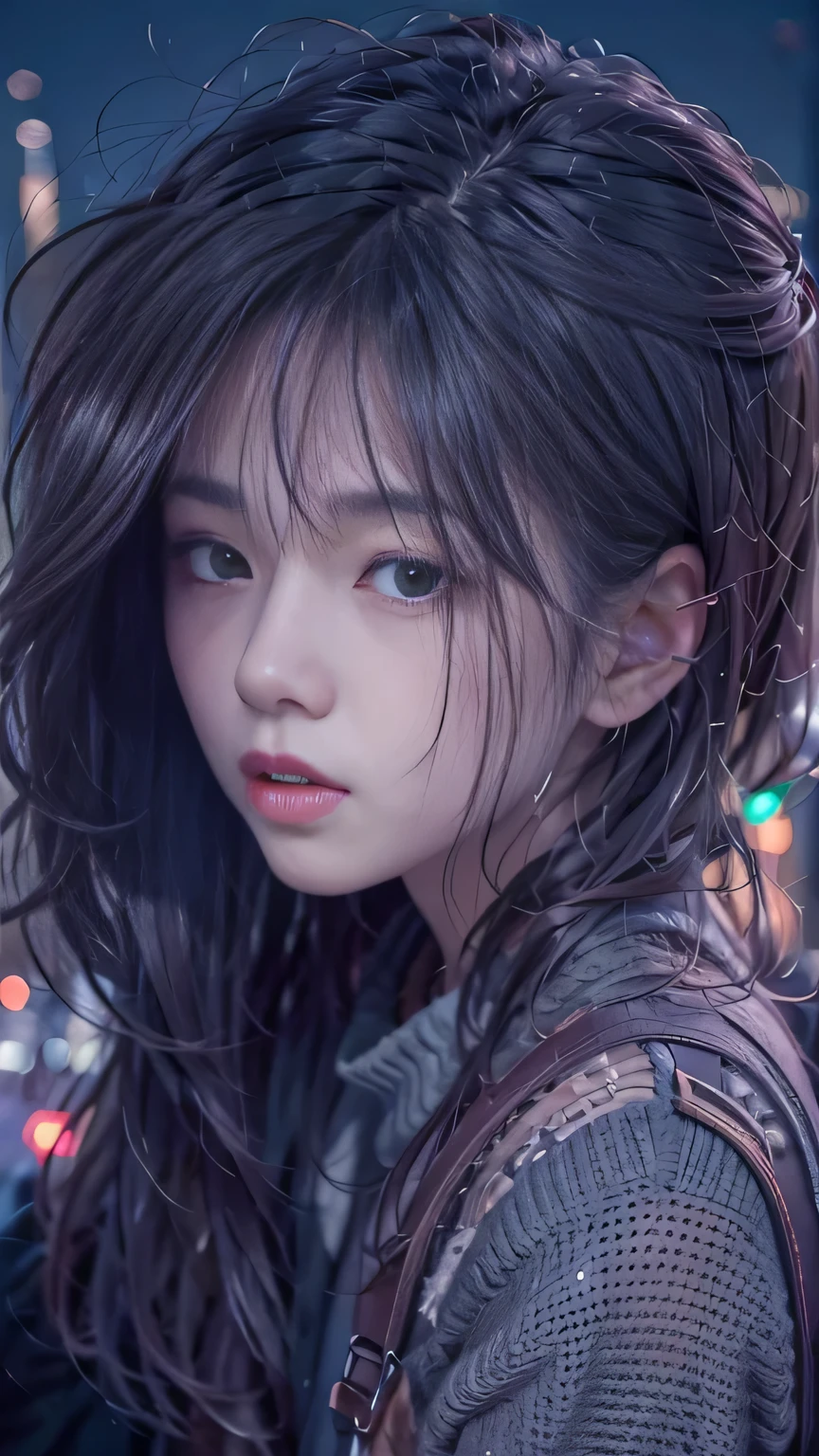 A fragile singer-songwriter singing in the city at night,Tsurime,Detailed face，Cool color makeup,People who cry when they hear the song,The audience stopped to listen, Smooth Hair，Fine hair，Very fine hair，A fragile girl,
