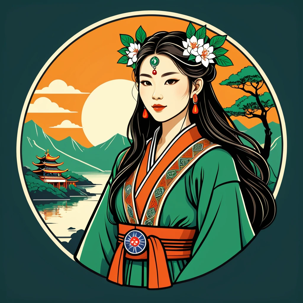 female	druid	in taiwan folk outfit	,vector graphics, strong contours, logo design																						