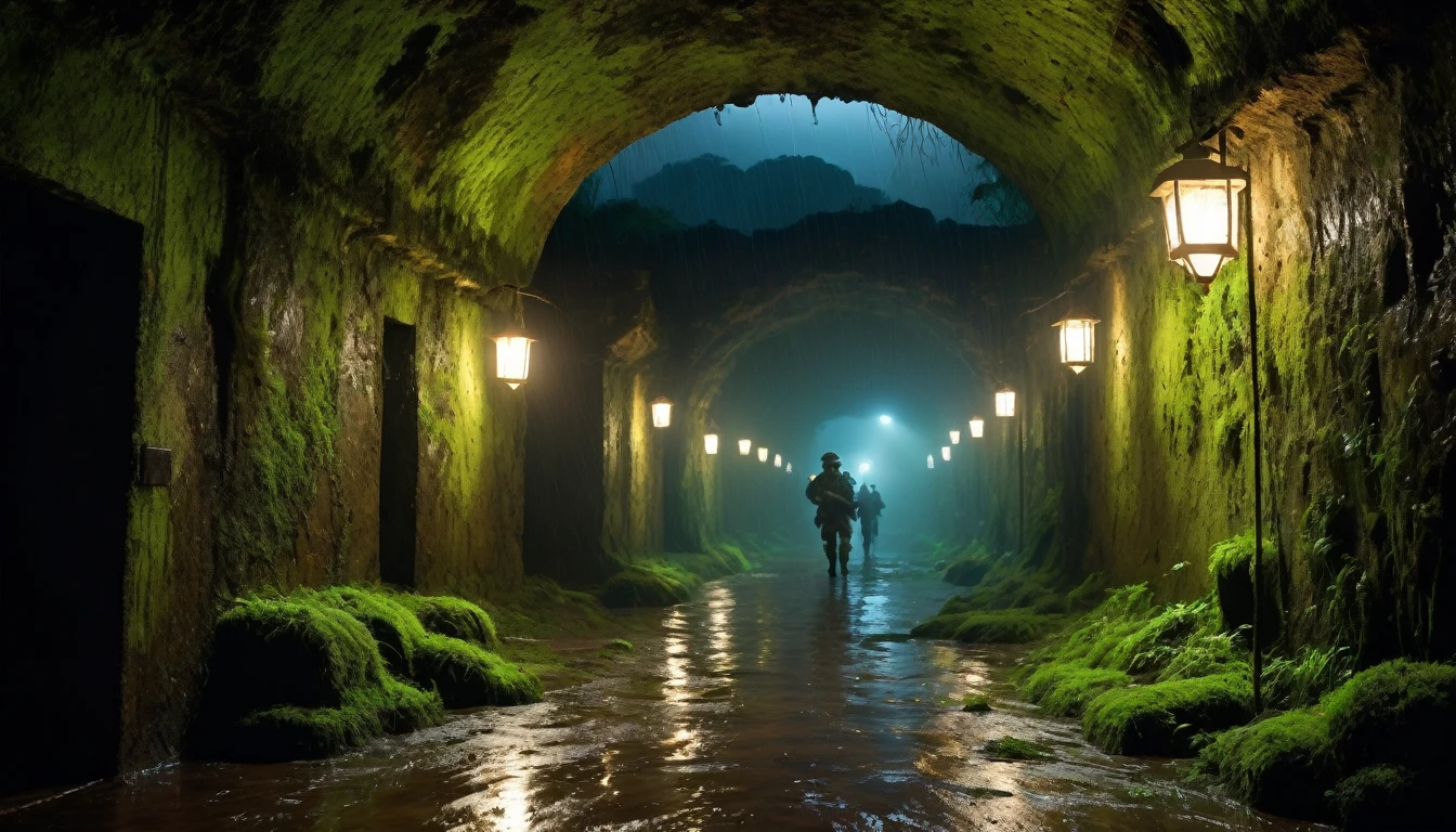 Scary horror image of a rainy night, of an ancient underground fortress, located in a remote region of the interior of Brazil. With soldiers in a long, dark corridor, lit only by our lanterns. The walls were cold and damp, covered in moss and fungi, rain image. PICTURE REALISTIC, high resolution, 8k