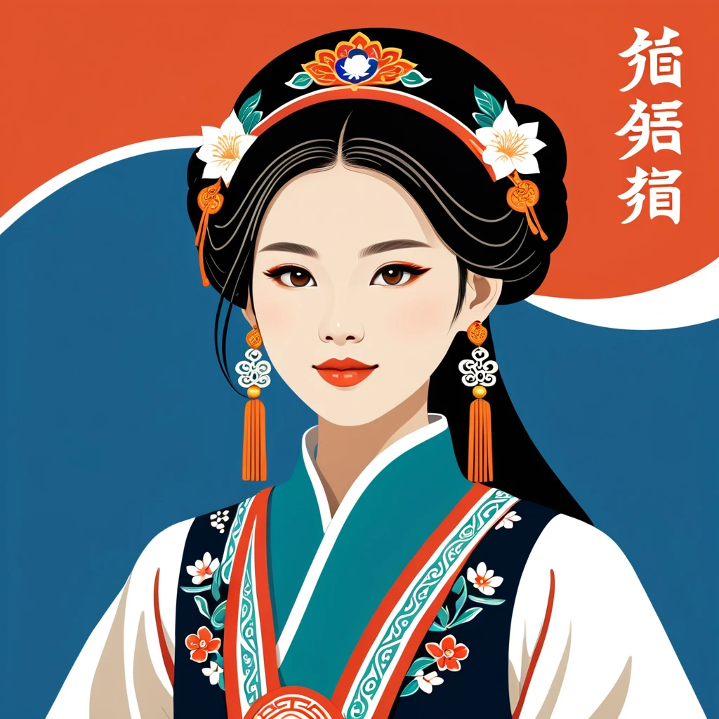 female enchanter in taiwan folk outfit ,vector graphics, strong contours, logo design