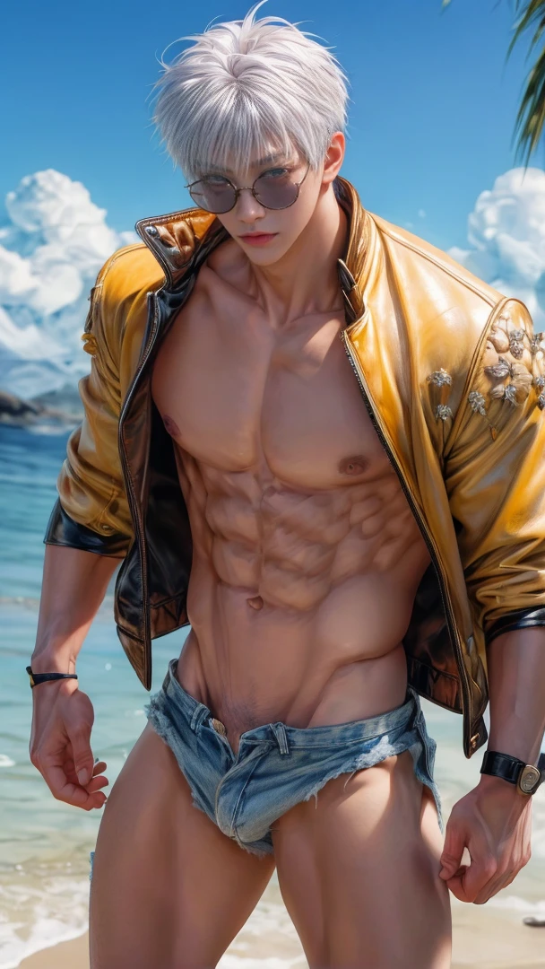 Japanese male model, adult, handsome, perfect face, detailed eyes and face, clean shaved, sixpack realistic, white eyebrow hair, white eyelashes, dynamic lighting, unreal engine 5, hd picture, satoru gojo, white hair, short hair ,hair between eyes ,blue eyes, white skin, Leather jacket, sunglasses, Short jeans