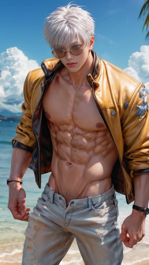 Japanese male model, adult, handsome, perfect face, detailed eyes and face, clean shaved, sixpack realistic, white eyebrow hair, white eyelashes, dynamic lighting, unreal engine 5, hd picture, satoru gojo, white hair, short hair ,hair between eyes ,blue eyes, white skin, Leather jacket, sunglasses, Short jeans