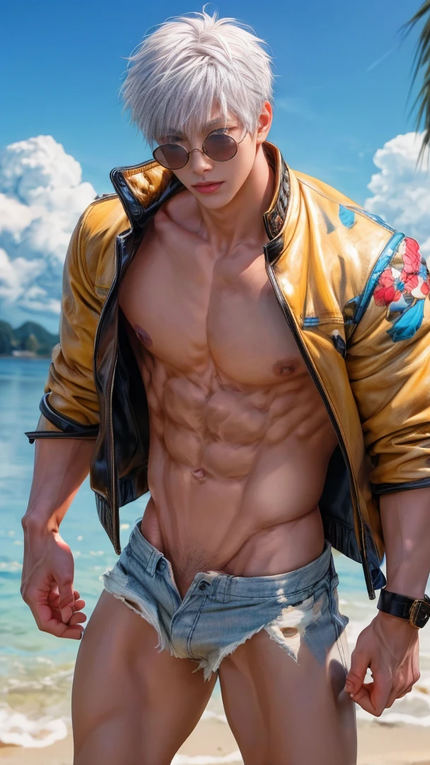 Japanese male model, adult, handsome, perfect face, detailed eyes and face, clean shaved, sixpack realistic, white eyebrow hair, white eyelashes, dynamic lighting, unreal engine 5, hd picture, satoru gojo, white hair, short hair ,hair between eyes ,blue eyes, white skin, Leather jacket, sunglasses, Short jeans