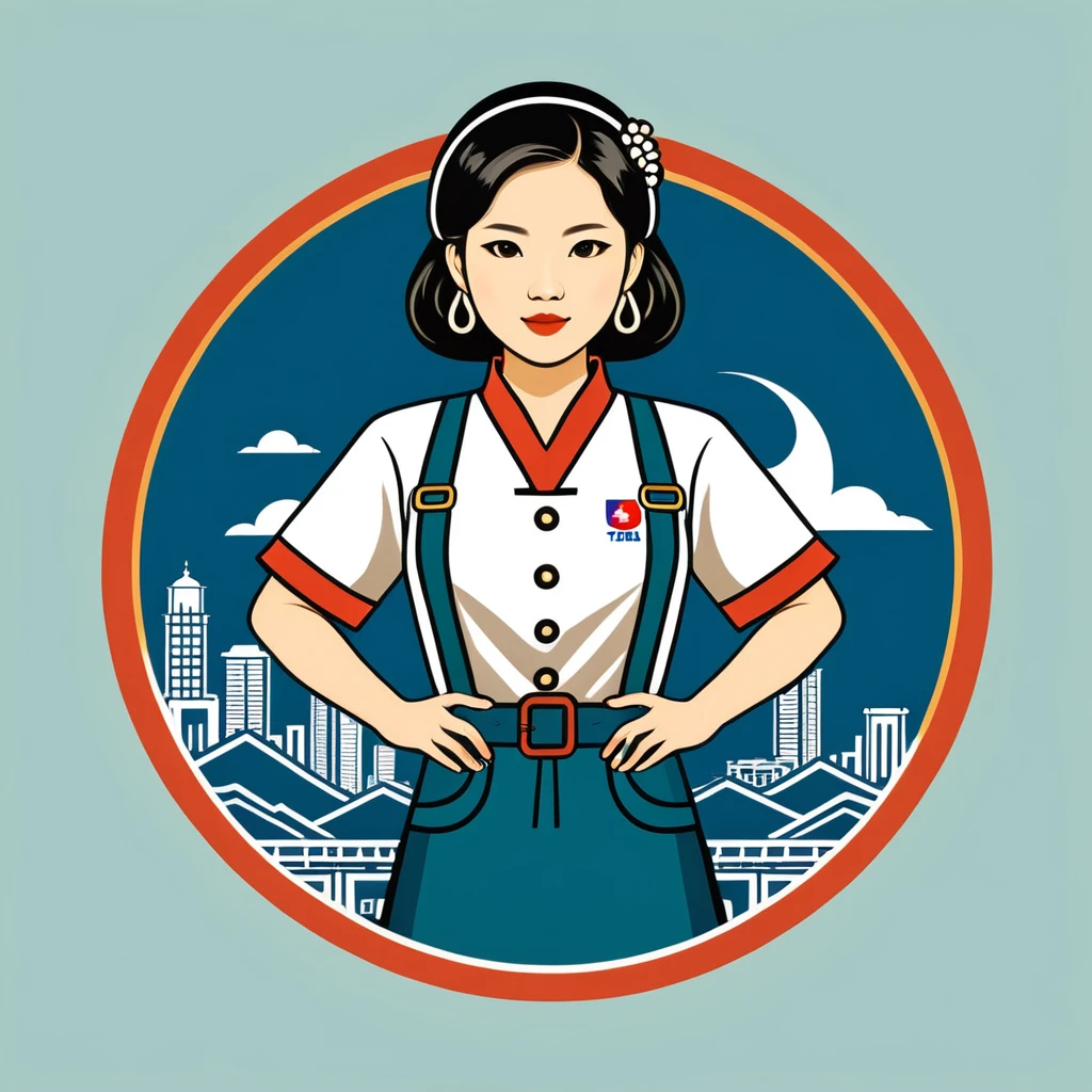 female	engineer	in taiwan folk outfit	,vector graphics, strong contours, logo design																						