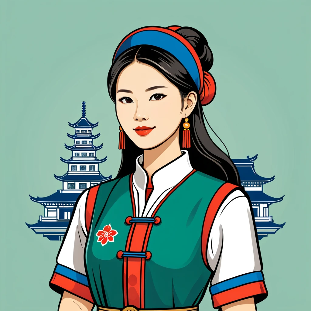 female engineer in taiwan folk outfit ,vector graphics, strong contours, logo design