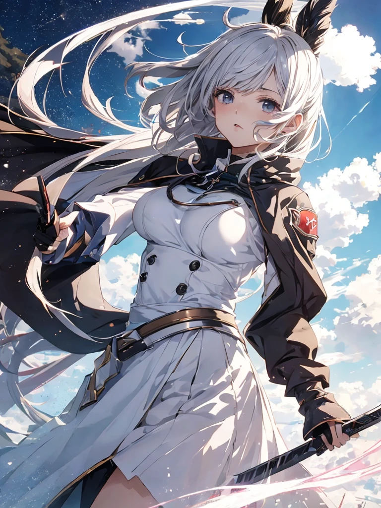 Background is white、One Woman, Amazing anime 8k,Pose looking up to the sky, Lifting your chin and looking up、male Anime characters, trigger anime art style,Japanese sword、 Best anime 4k konachan wallpaper, Nervous Teenage Assassin, Anime-style characters, Anime characters,