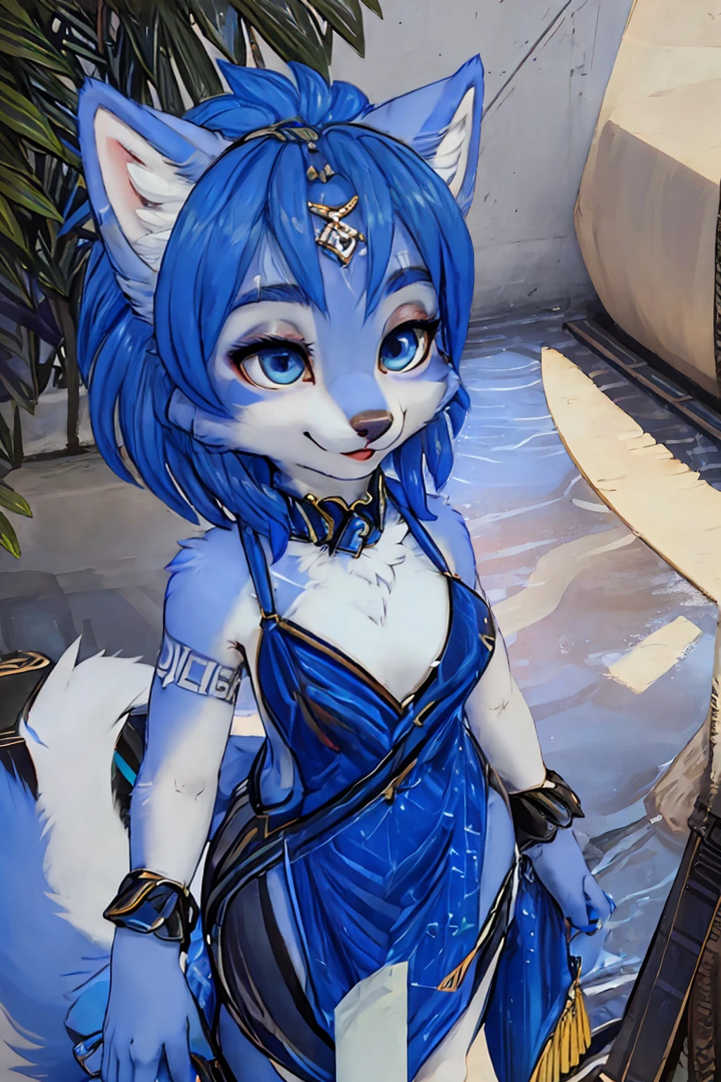 A beautiful and detailed (sweet picture ) wa ((krystal)), Star Fox krystal, sslim, green eyes, medium breasts, (((Long blue hair 1.3))), Decollete, look up, anthro, furry, Uploaded E621, detailed fluffy fur, (wa Fluff-Kevlar, Bayard Wu, personalize me, Pino Daeni), detailed face, (fluffy), 1 girl, alone, Sweet young girl, Viewers look at, smile, 