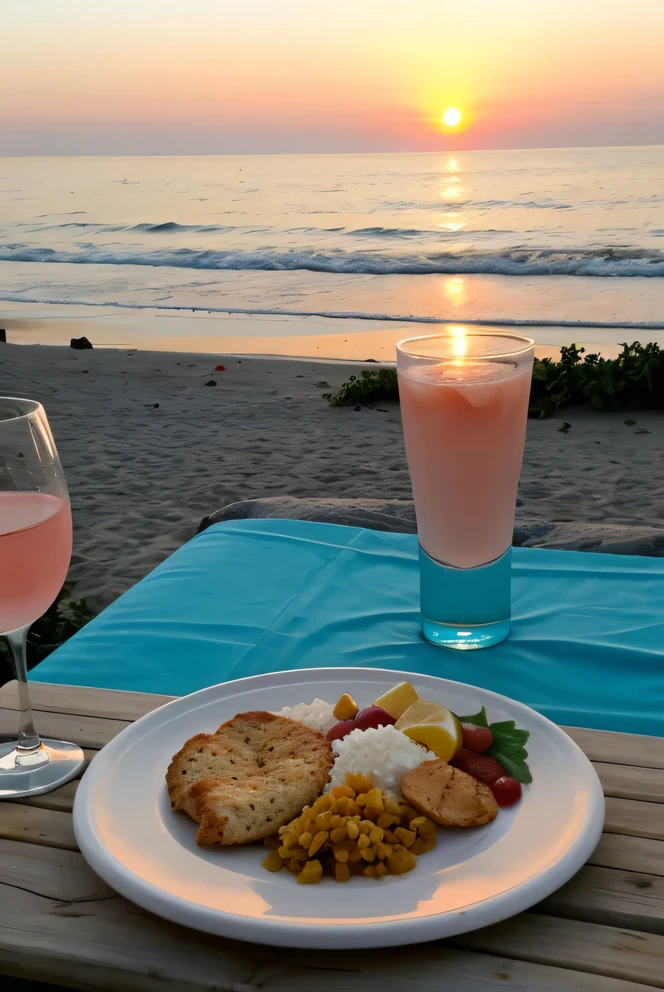 story realiste assiette de nourriture au bord de la plage couché de soleil rosé la nuit