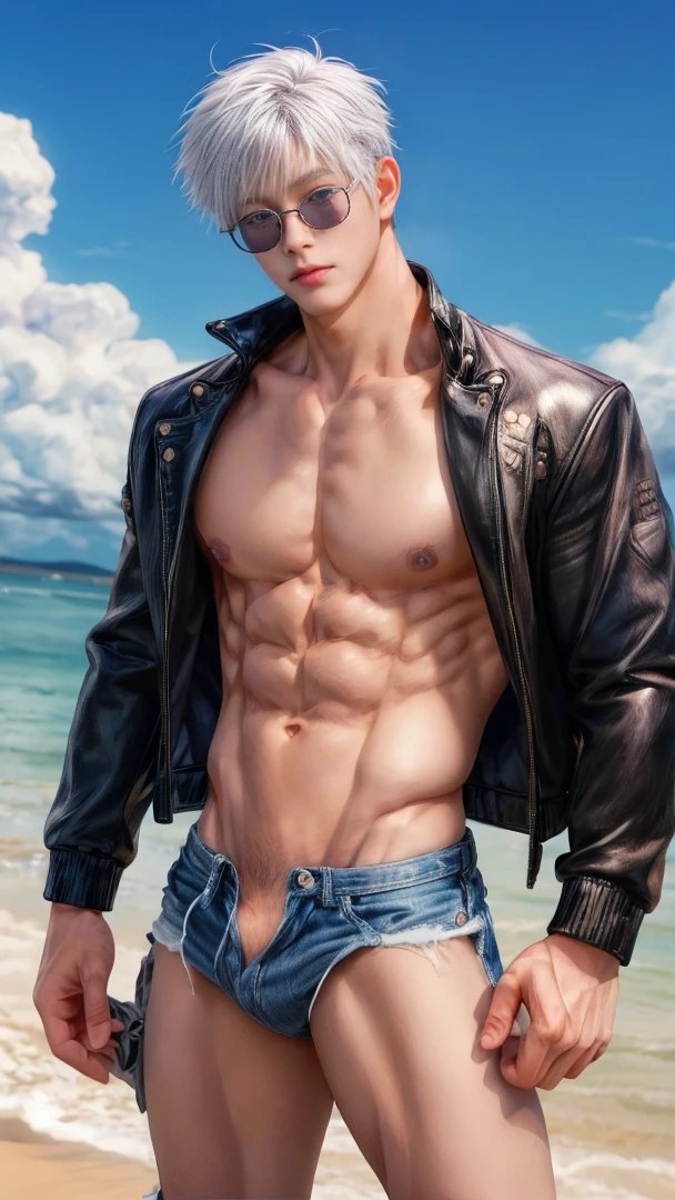 Japanese male model, adult, handsome, perfect face, detailed eyes and face, clean shaved, sixpack realistic, white eyebrow hair, white eyelashes, dynamic lighting, unreal engine 5, hd picture, satoru gojo, white hair, short hair ,hair between eyes ,blue eyes, white skin, Leather jacket, sunglasses, Short jeans