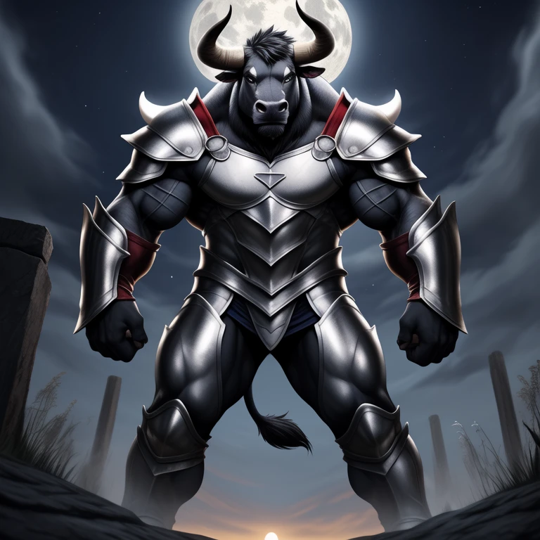 upload on e621, by allandox, anthro, male, (((detailed fluffy fur))), detailed realistic painting, (((biceped))), (((shaded))) extreme detail, ((bull, medium length horns)), muscular, ((stoic expression:1.3)), full moon background, full body perspective, bovine tail, standing, ((strong pose, side perspective:1.2, side glance)), ((red and silver armor:1.3))