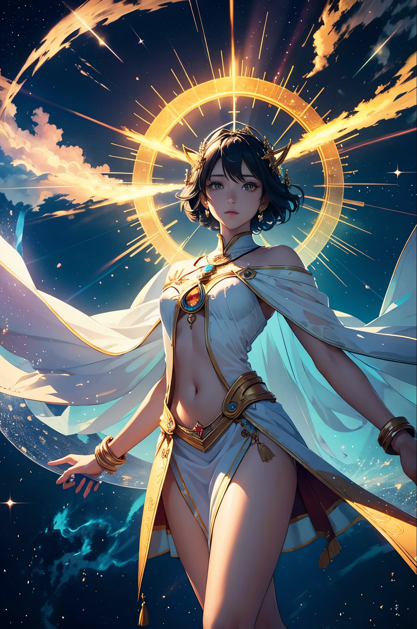 ((masterpiece, best quality)), Delicate face,goddess,cloud顶天宫,cloud,whole body,Long legs,Standing,dark skin,Perfect body proportions,Handsome short hair,Nice green eyes,Fantasy style,Extremely beautiful,Pure white background,transparent,Large Breasts,nude,chain