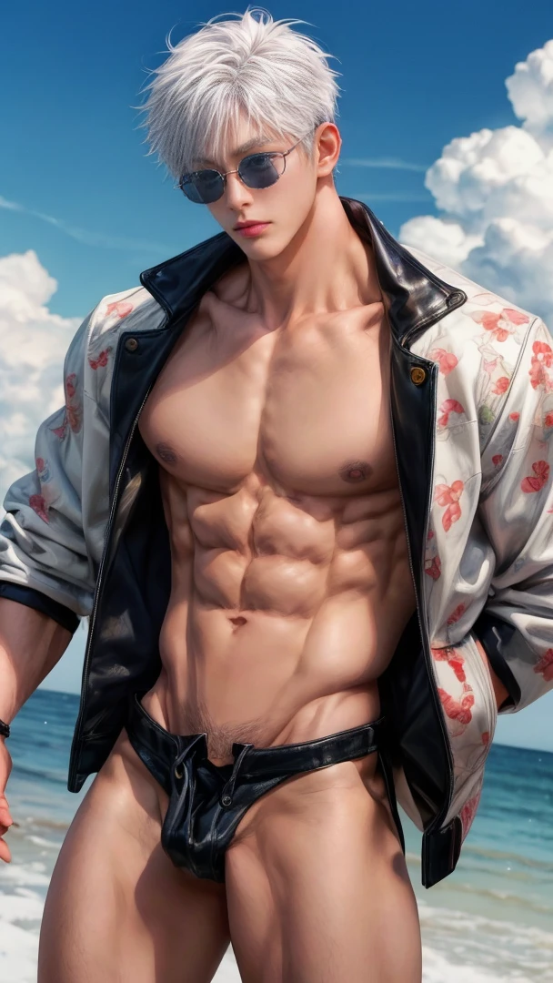 Japanese male model, adult, handsome, perfect face, detailed eyes and face, clean shaved, sixpack realistic, white eyebrow hair, white eyelashes, dynamic lighting, unreal engine 5, hd picture, satoru gojo, white hair, short hair ,hair between eyes ,blue eyes, white skin, Leather jacket, sunglasses, Short jeans