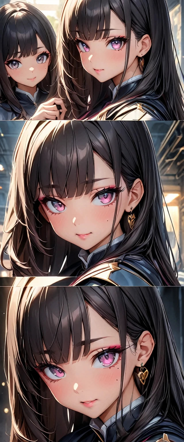 (Perfect Anatomy)、Mastepiece、Ultra High Quality、 8k、masterpiece、Highest quality、Ultra-high resolution、Maximum resolution、Very detailed、Professional Lighting、anime、woman、thin、Very beautiful face、Very beautiful eyes、(Highly detailed eye)、Highly detailed face, Golden earrings、Black Hair,、Pink eyes, Braiding、Straight bangs, contouring, makeup, eyeliner, eye shadow, pink cheek, pink lips, full body, standing, armor, (((1girl))),