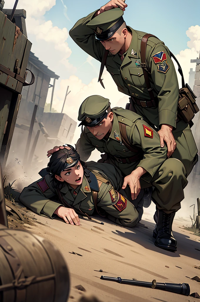 Create a scene set in World War II of brave soldiers on the battlefield in different scenarios