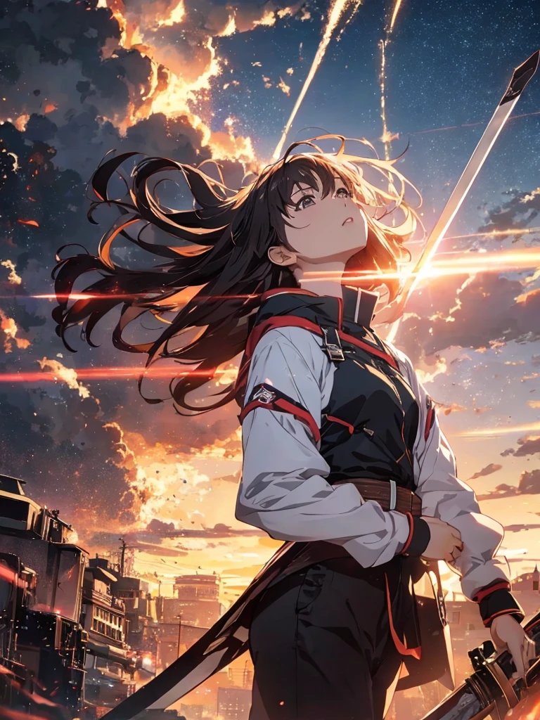 Looking up at the exploding sky、One Woman, Amazing anime 8k,Pose looking up to the sky, Lifting your chin and looking up、male Anime characters, trigger anime art style,Japanese sword、 Best anime 4k konachan wallpaper, Nervous Teenage Assassin, Anime-style characters, Anime characters,