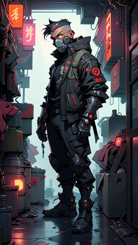 there is a man in a gas mask holding a gun, in a cyberpunk themed room, cyberpunk outfit, she wear red eyed gasmask, masked person in corner, clothed in sci-fi military armor, in cyberpunk style, cyberpunk))), cyberpunk soldier, wearing techwear and armor, wearing japanese techwear, cyberpunk vibe, cyberpunk style outfit, cyberpunk gunma prefecture