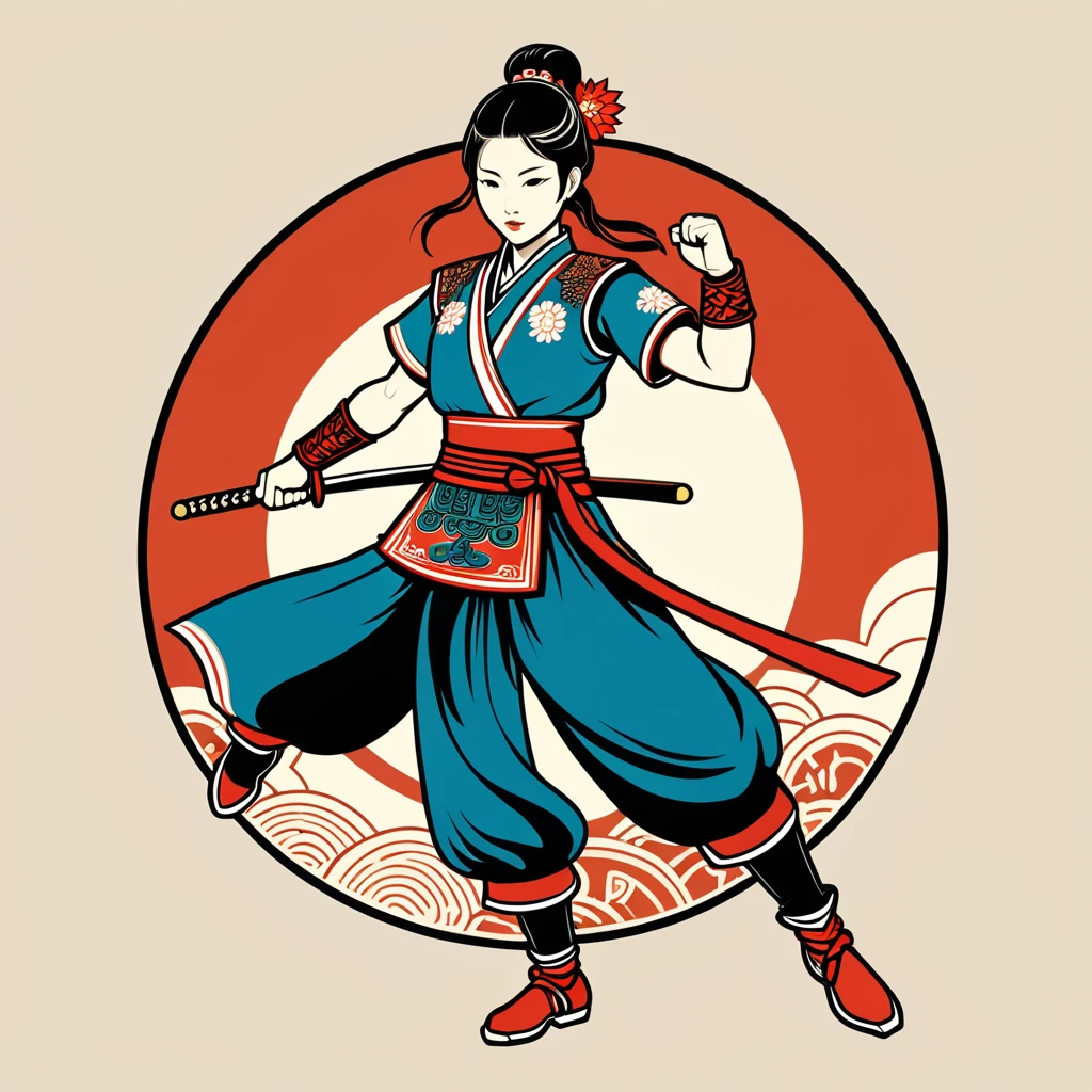 female fighter in taiwan folk outfit ,vector graphics, strong contours, logo design