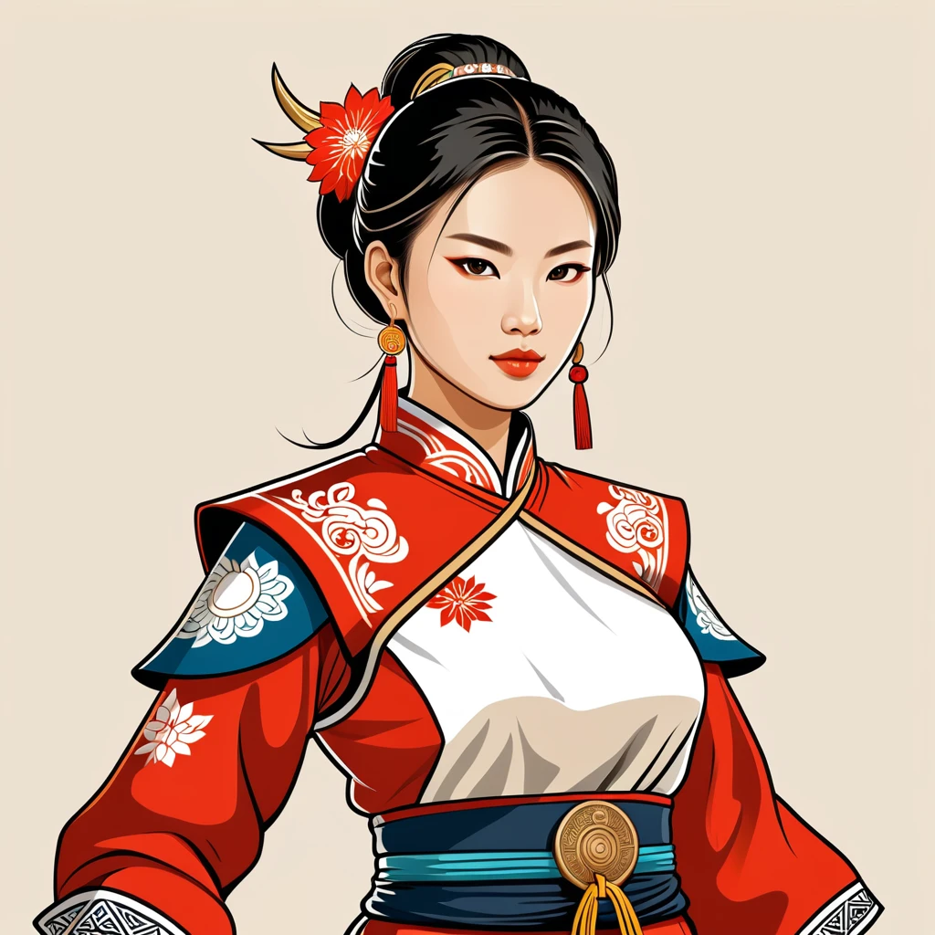 female	fighter	in taiwan folk outfit	,vector graphics, strong contours, logo design																						