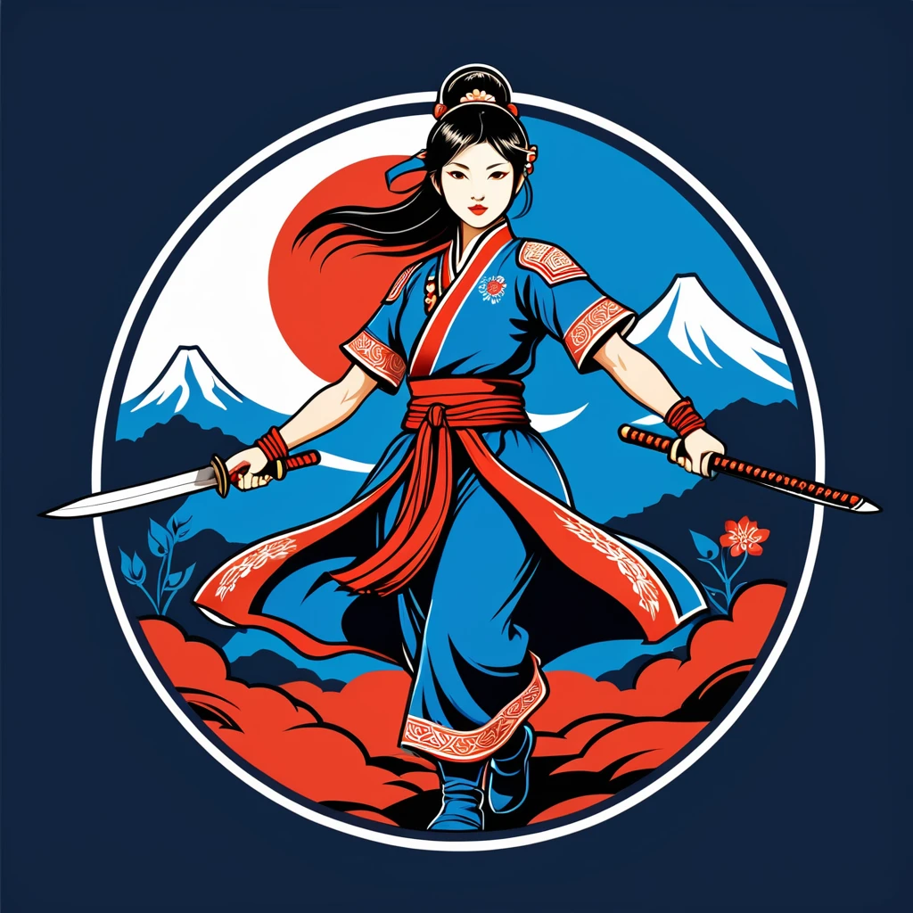 female fighter in taiwan folk outfit ,vector graphics, strong contours, logo design