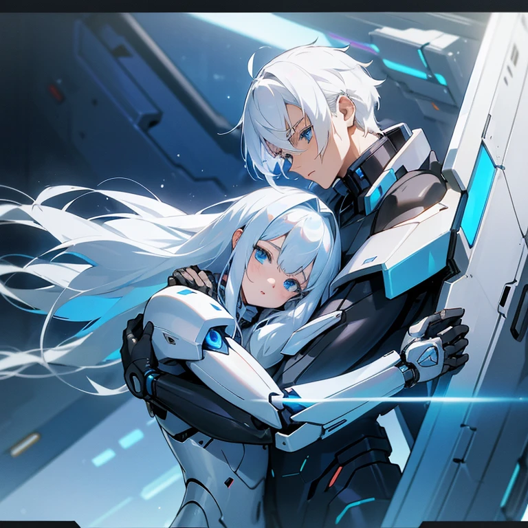 white haired girl with mecha cybernetic armor, anime!! anime boy, blue lane style, best anime wallpaper 4k, hugging 17 year old white hair-blue eyes man inside futuristic spaceship, cryojenics, of high technology, Whole body.2 people