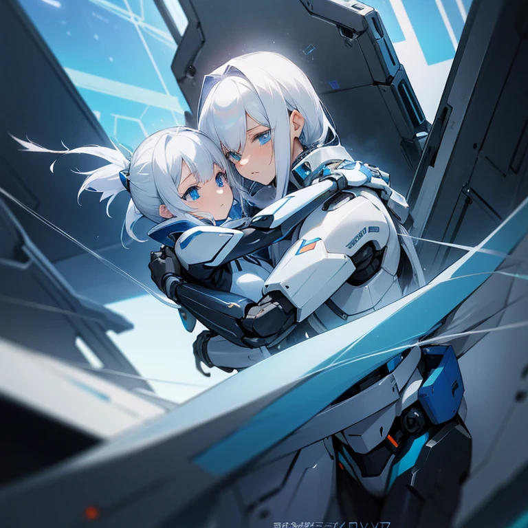 white haired girl with mecha cybernetic armor, anime!! anime boy, blue lane style, best anime wallpaper 4k, hugging 17 year old white hair-blue eyes man inside futuristic spaceship, cryojenics, of high technology, Whole body.2 people