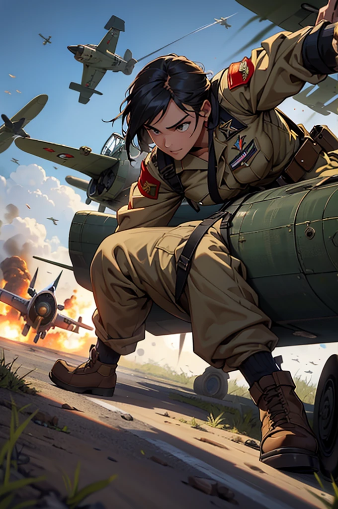 Create a scene set in World War II of brave soldiers on the battlefield in different scenarios with fighter planes