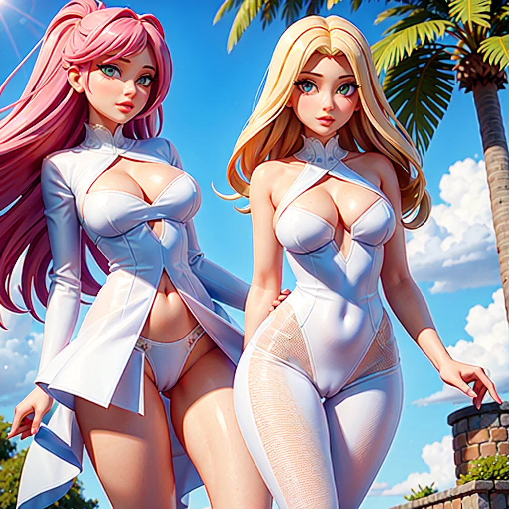 La femme est fine, sensuelle avec beaucoup de b00bs et de a$$ and n1ppl3s. Elle présente une hypermastie. Elle tient un concombre de couleur rose dans ses mains. Elle porte une robe fendue en dentelle large mailles transparente très suggestive et très décolletée, mettant en valeur une culotte blanche transparente avec cameltoe. Ses formes sont très généreuses. Le vent souffle dans ses cheveux, elle a une expression extatique et a la bouche entrouverte. Champ de fleurs