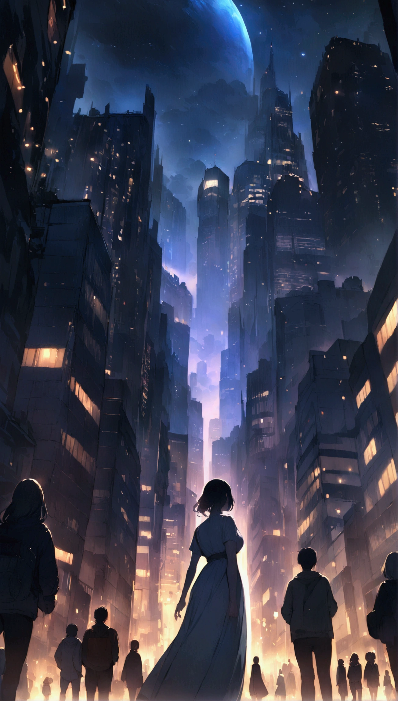 , Late Night, City, Huge Buildings, Calm feeling, space, The moonlight illuminates the world, masterpiece,People looking out from the top of a building