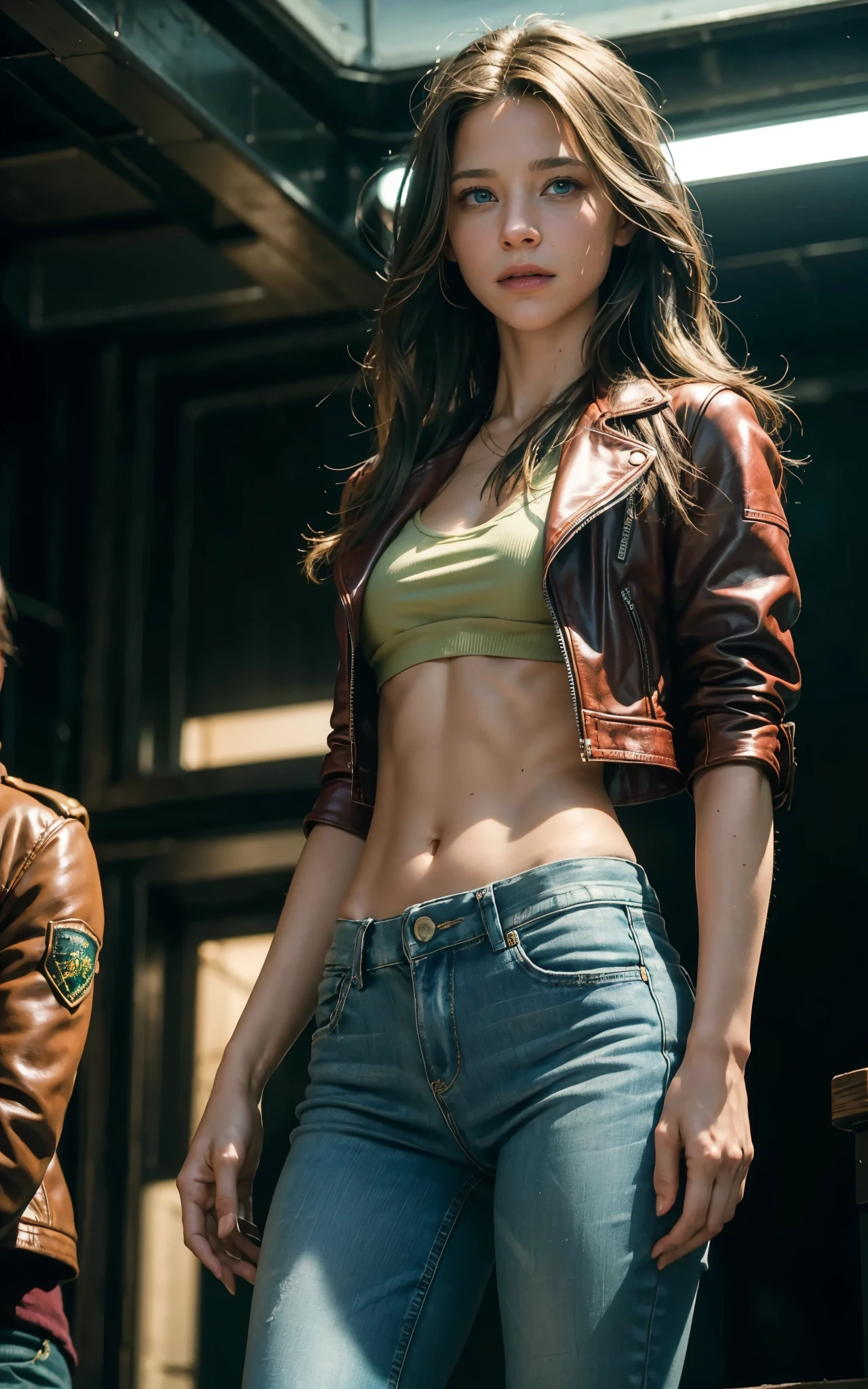(Alicia Vikander:Evangeline Lilly), green light, glowing eyes, pov below, wind,, masterpiece, best quality, 1girl, cool, serious, medium breasts, long hair, blue  hair, red leather jacket, crop top, tight jeans, green eyes, abs