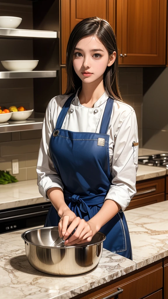 (Highest quality, Very detailed, Realistic:1.37), 10 year old girl, In the kitchen, Professional Lighting, Vibrant colors, Cozy atmosphere, Delicious Scent, Stainless Steel Appliances, Modern design, Marble countertops, Wooden Cabinet, Exquisite detail, apron, Chef&#39;s hat, kitchenware, Material, Fresh bread, A pot boiling on the stove, Steam rises, Cutting board, Cut vegetables, Bright fruits, wine glass, Elegant tableware, Cozy dining area, Natural light, Potted herbs, Recipe Book, Artistic wall decor, Laughter of joy, Teamwork, Culinary creativity.