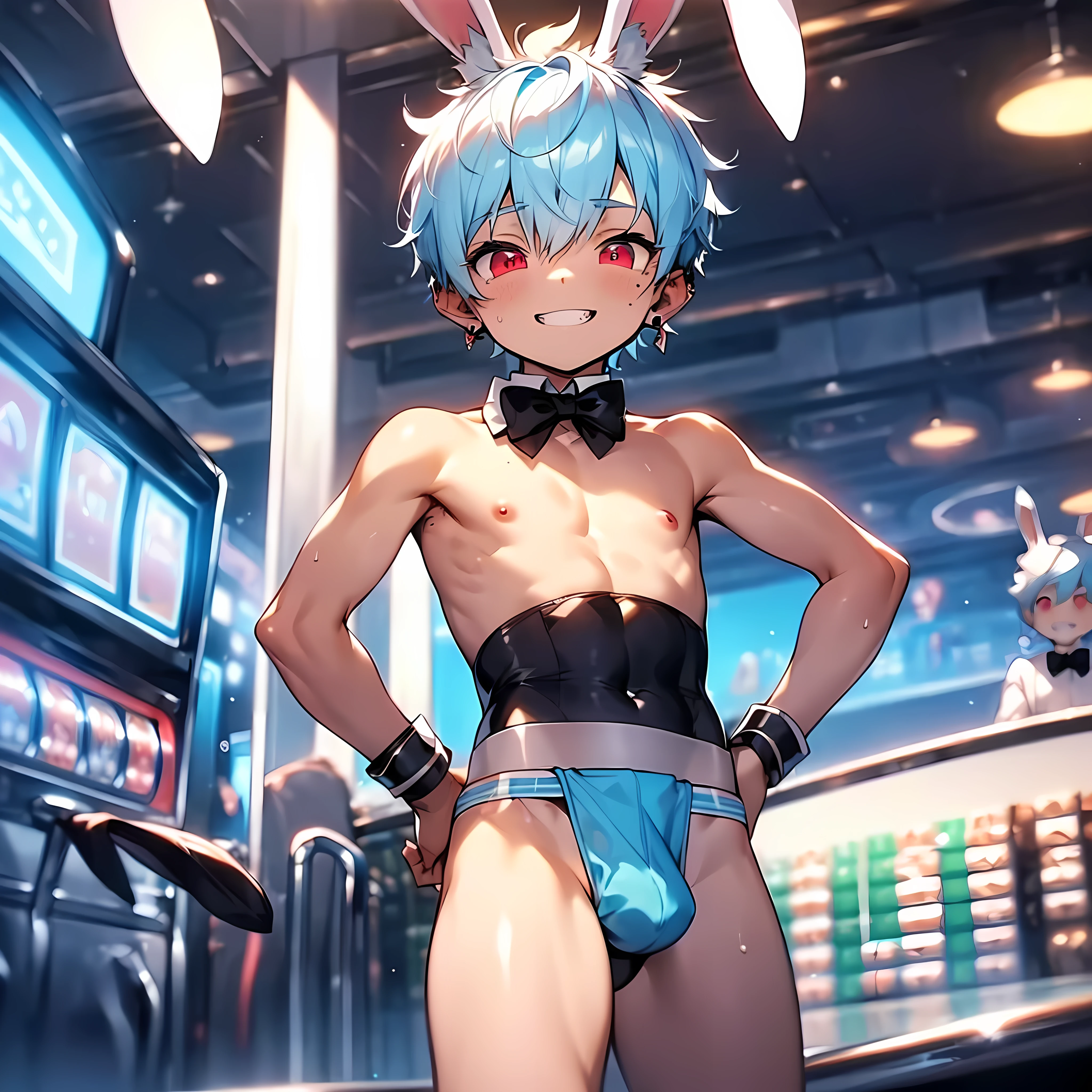 (solo:2), (boldline:-1.7), (metal tray on his hand:1.3), (glass on tray:1.5), (black bow tie:1.5), (sexy pose:1.5), (arched back:1.2), (spread legs:1.2), (((fang))), (((best finger))), (((best hands))), (((best arms))), (((best legs))),BREAK (best quality:1.5), (absolutely resolution:1.5), (ultra detailed:1.5), (masterpiece:1.5), (perfect face), (detailed face), (detailed eyes), (best eyes), (cute face), (shota:2), BREAK (bunny costume:1.5), BREAK (white loincloth:1.5), (rabbit ears:1.5), (bunny tail on his hip:1.5), (bulge:1.6), (skinny:1.3), BREAK (light blue hair:1.5), (spiked hands), (wine red eyes:1.4), (eyes with highlight:1.6), ((mole under eye)), (sweaty skin), (grin:1.3), ((earrings)), (shiny skin:1.3), BREAK (casino:1.5), (money:1.5), (((spot light))), ((wind blowing)), ((nipple)), (abs), (groin), from below,